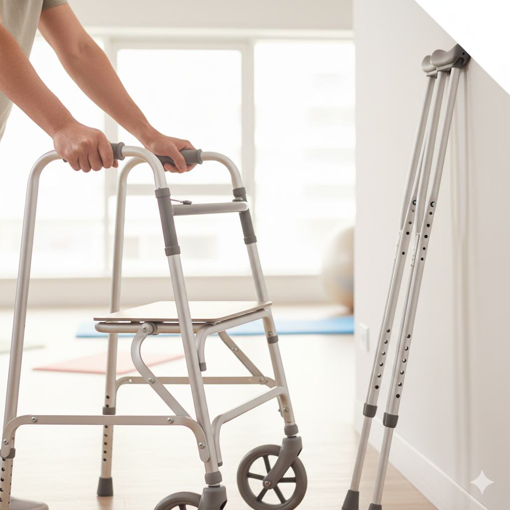 Caminador plegable y muletas — ayudas de movilidad para rehabilitación