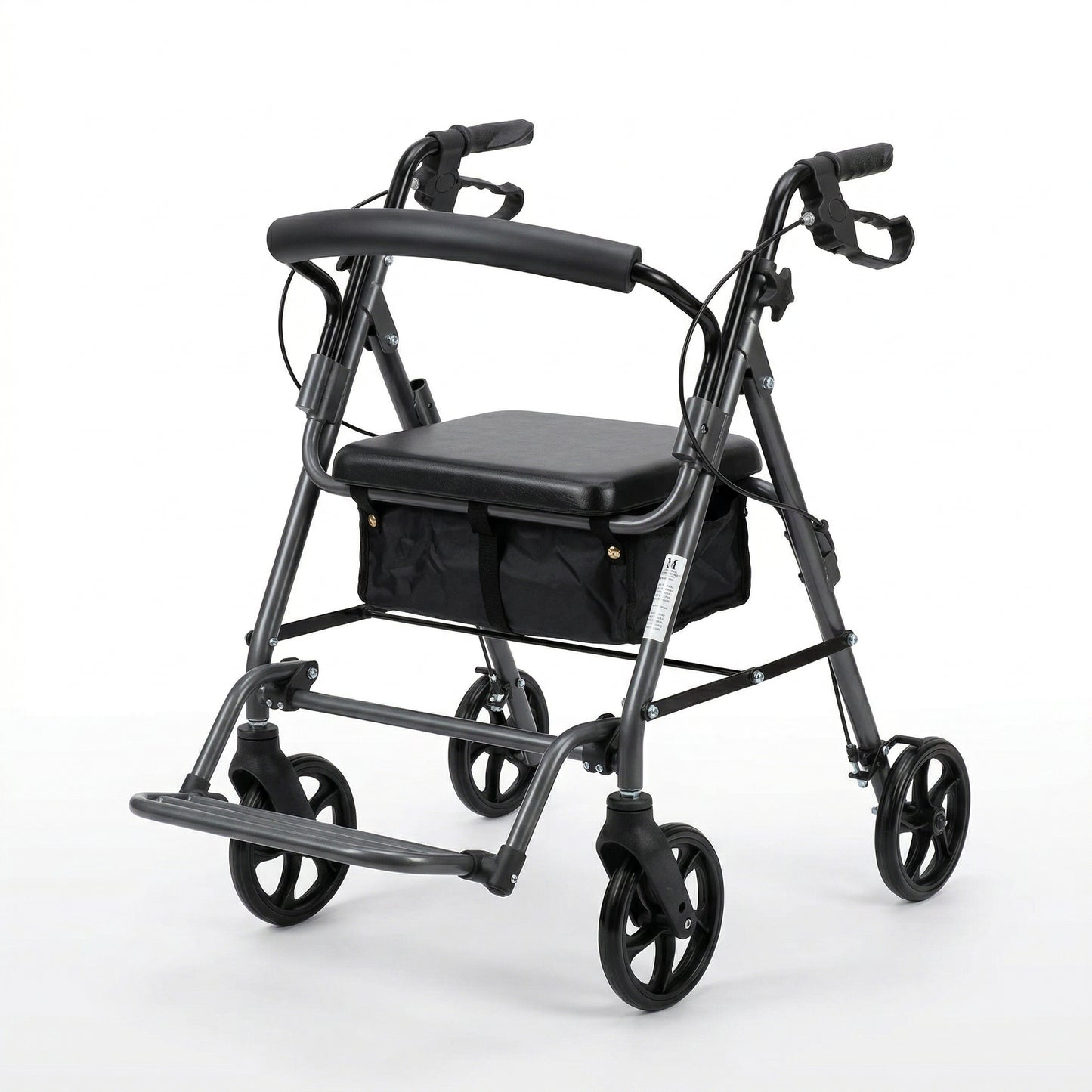 Caminador en aluminio, con ruedas, asiento y reposa pies