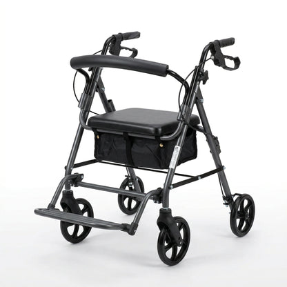 Caminador en aluminio, con ruedas, asiento y reposa pies