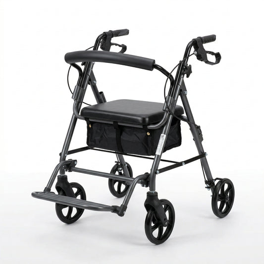 Caminador en aluminio, con ruedas, asiento y reposa pies