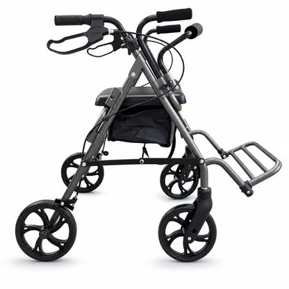 Caminador en aluminio, con ruedas, asiento y reposa pies