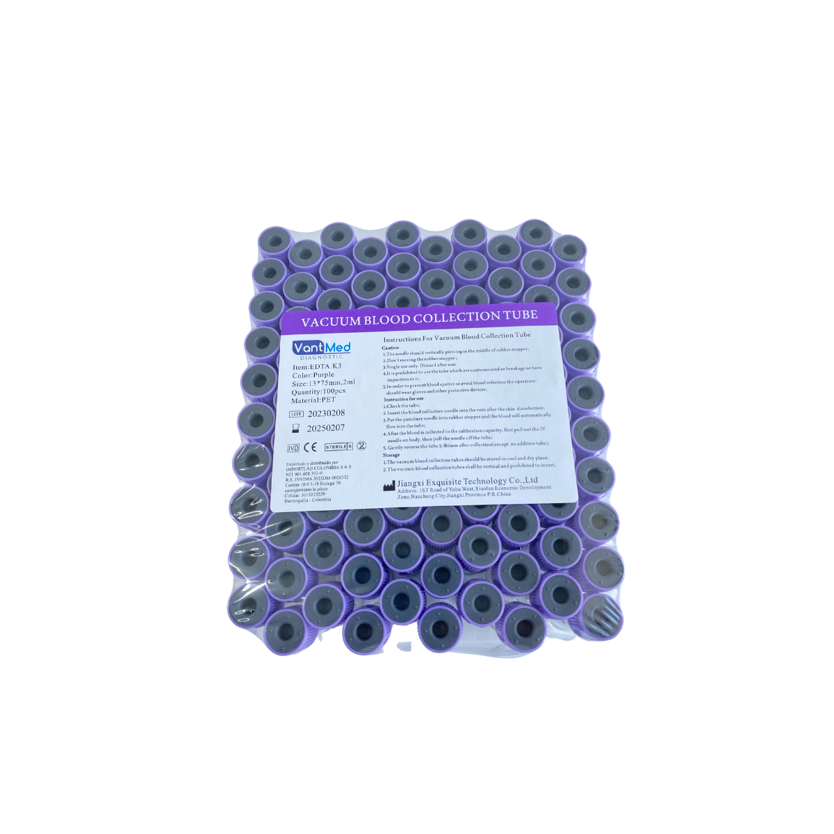 Gradilla de tubos tapa morada 2 mL Vantmed Diagnostic con EDTA K3 para hematología